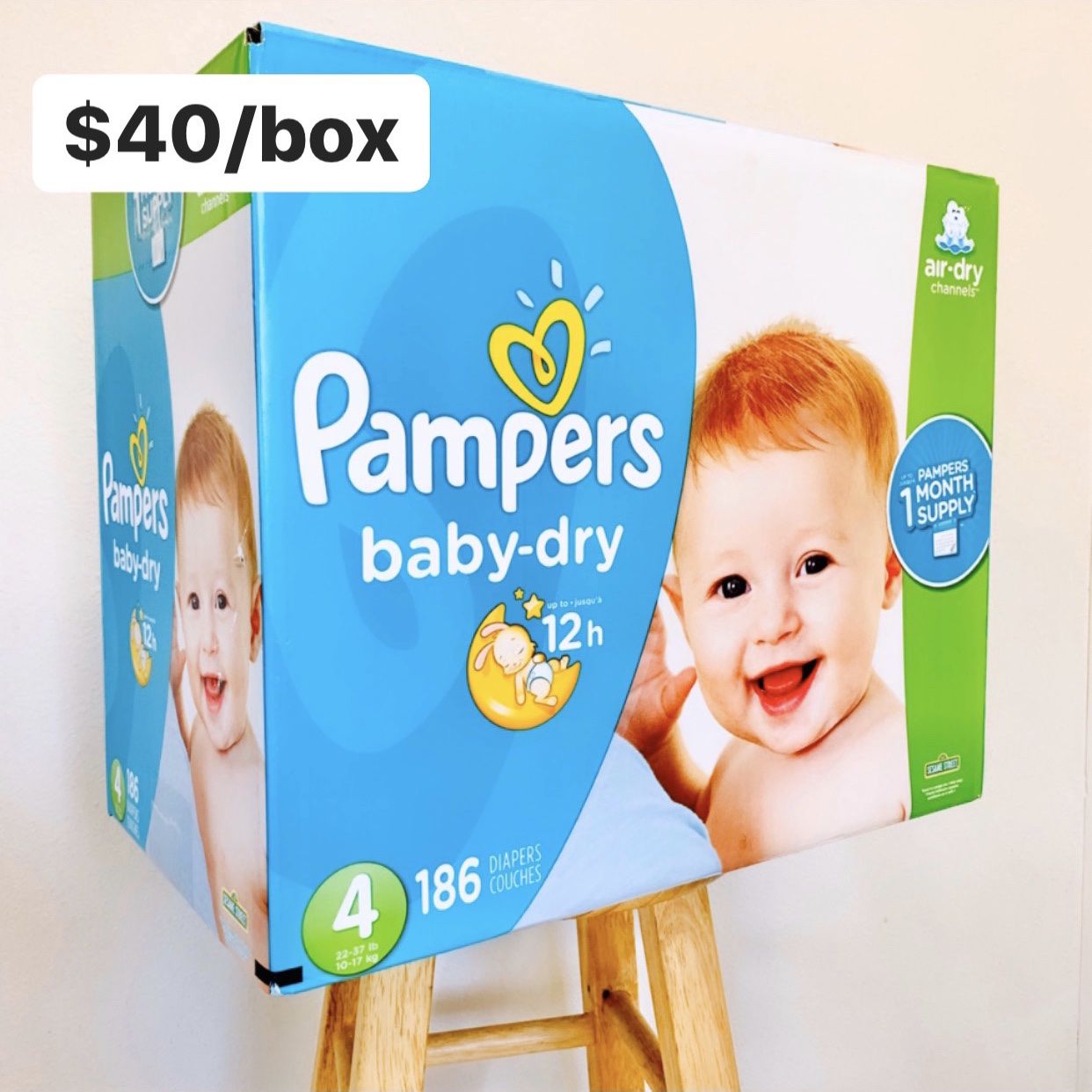 Size 4 (22-37 lbs) Pampers Baby Dry (186 baby diapers) *PROMO* BUY ANY 2 PAMPERS BRAND BOXES, GET 1 FREE HUGGIES TUB 64ct