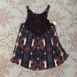 Free People Count Me In Trapeze Boho Mini Dress Top Black Combo Size Large