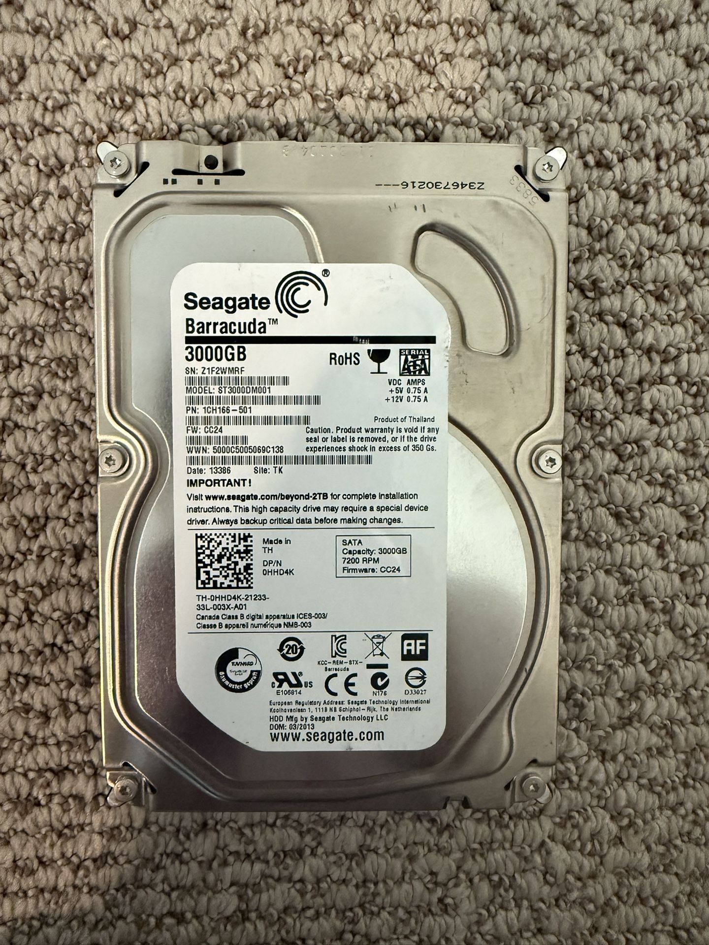 Brand: Seagate Barracuda • Model: ST3000DM001 • Capacity: 3TB (3000GB) • Interface: SATA • Speed: 7200 RPM • Form Factor: 3.5” (Desktop HDD)