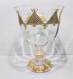 Antique Bohemian Optic Crystal Hand Painted Gilded Extra Large Cup Vase 14”. Elegant Hand painted Czech crystal Centerpiece Vase i