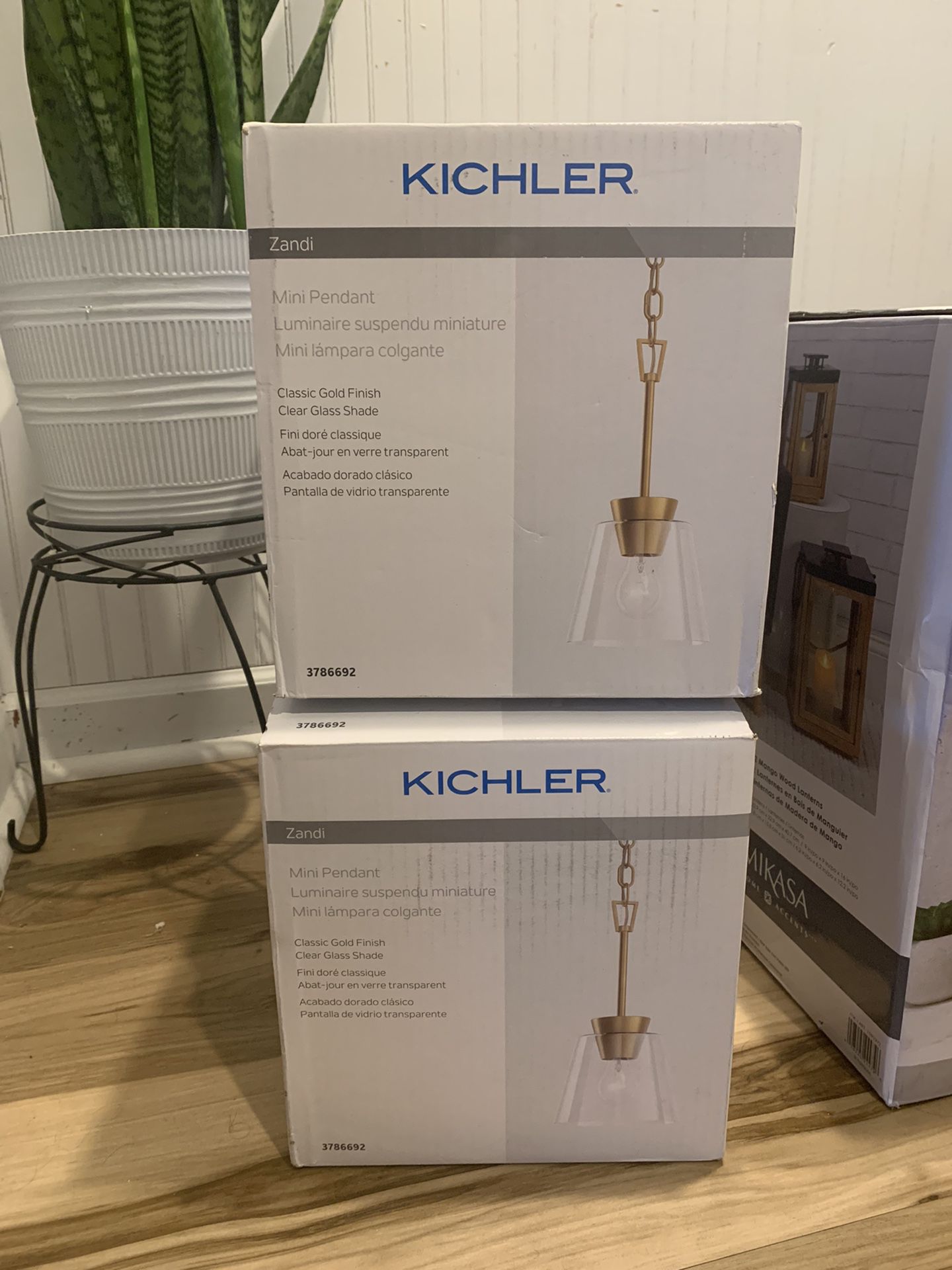2 SET Kichler Zandi 7.6” Mini Pendant Light Classic Gold Hang Down Fixture (NEVER USED)
