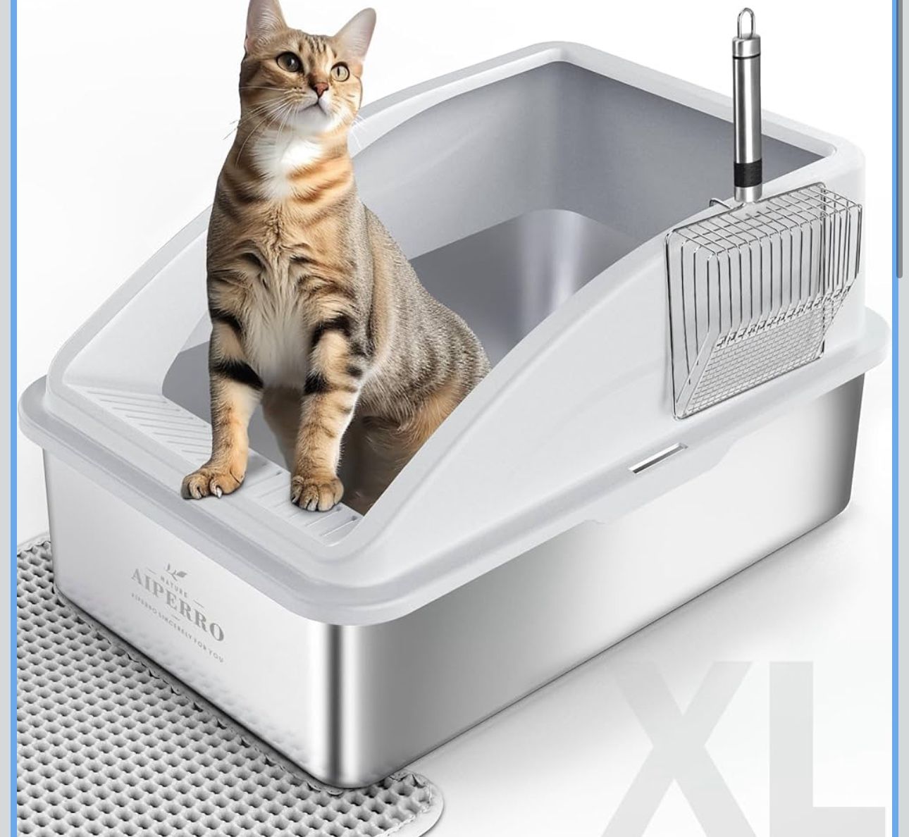 Stainless Steel Litter Box | XL Enclosed Cat Litter Boxs with Lid for Big Cats | High Sided, Anti-Urine Leakage | Non-Stick Bottom & Includes Litter M