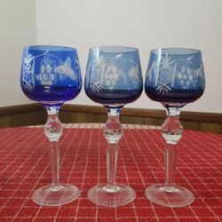 Set Of 11 Bohemian Czech Style Cut To Clear Multi Colored Wine Hock Balloon Glasses Gorgeous Set