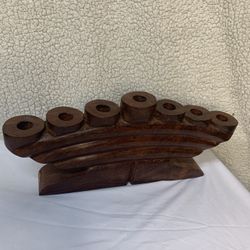 Hand Carved Natural Solid Piece Of Wood 7 Arm Tapper Candle Holder 14”x 6”