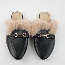 Women Simple Style Mule Flat, Slip-On Loafers With Metal Decor, Fur Shoes Size 8
