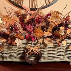 Large Fall Leaves Botanical Arrangement In  Rattan Basket