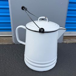 Large Vintage White Enamelware Watering Can