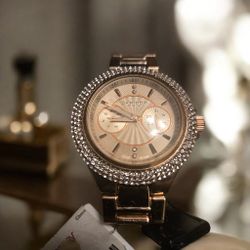 Akribos XXIV AK789RG Swiss Quartz Day Date Crystal Bezel Rosetone Womens Watch