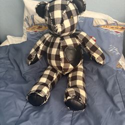Black and White Plaid Fabric Plush Bear Stuffed Animal with Heart Patch