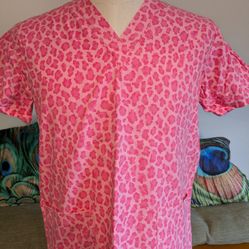 Vtg Women's Pink Animal Print Scrub Top