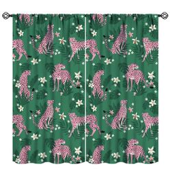 Leopard Blackout Curtains Tropical Jungle Cartoon Abstract Aesthetic Green Leaves Pink Wild Animal Bedroom Living Room Rod Pocket Decoration Window Dr