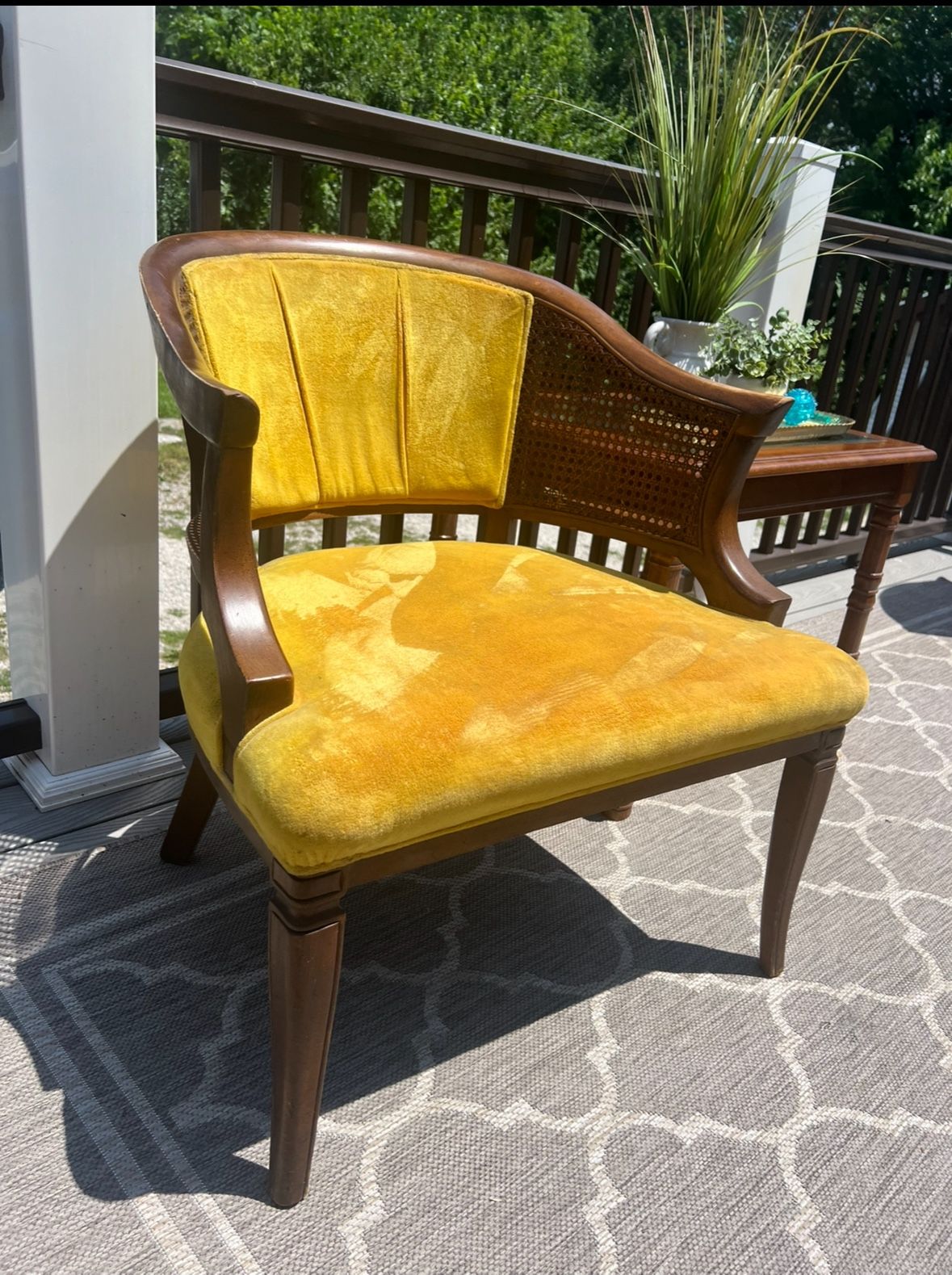 BARREL BACK VINTAGE CANE ARM CHAIR GOLD VELVET UPHOLSTERED SEAT