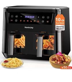 12QT Large Dual Basket Air Fryer with Viewing Window and 50pcs Paper Liners, 10-in-1 Digital Touchscreen Double Zone Air Fryers, SyncCook to Bake,Roas