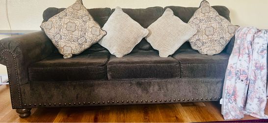 Dark Gray Velvet Sofa with Nailhead Trim