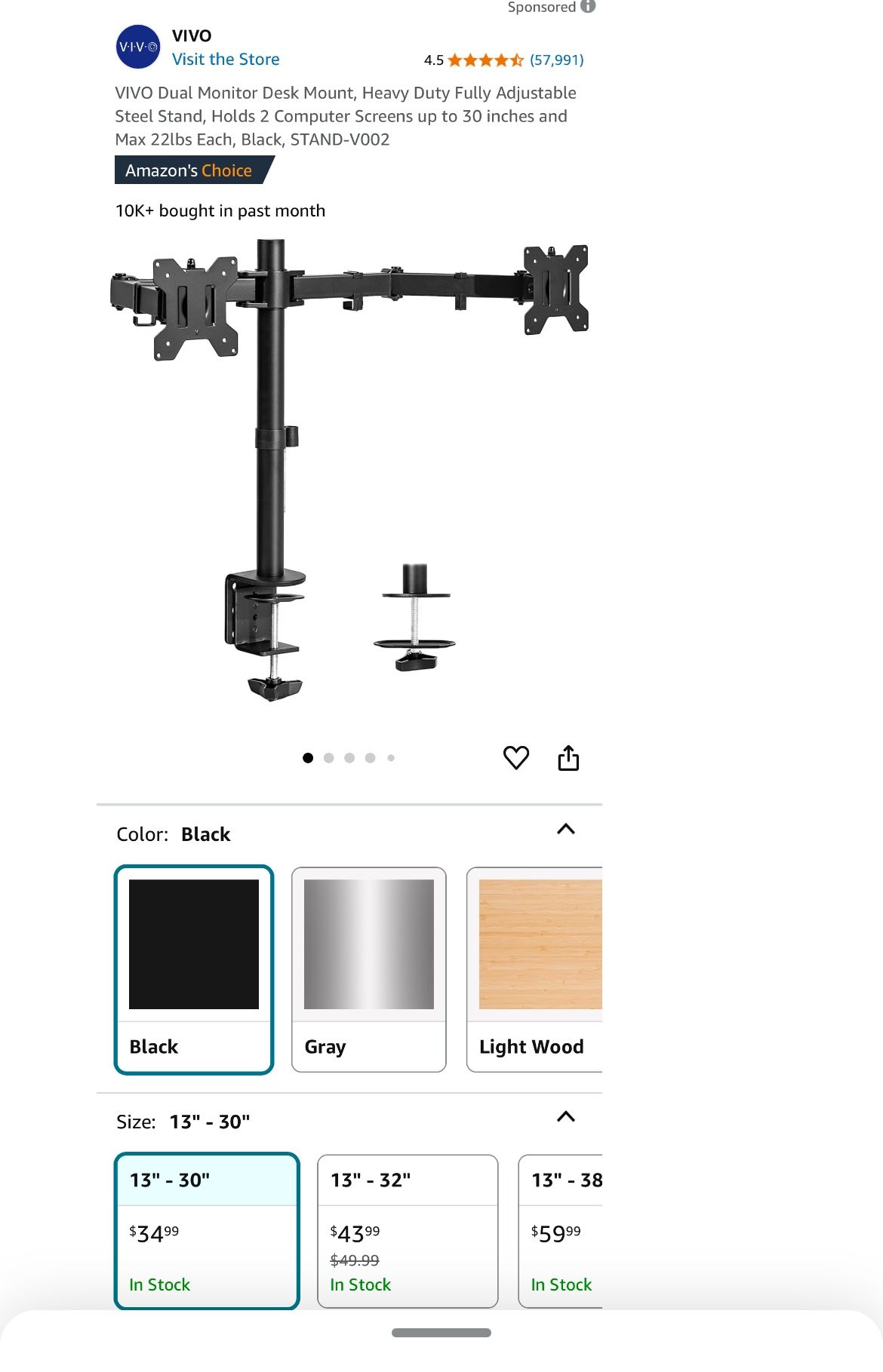 VIVO Dual Monitor Desk Mount, Heavy Duty Fully Adjustable Steel Stand, Holds 2 Computer Screens up to 30 inches and Max 22lbs Each, Black, STAND-V002