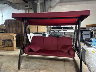 3 Seat Outdoor Porch Swing with 1.5" Deepened Cup Holder, Adjustable Canopy, Patio Swing Bed with Stand, Patio Glider Swing with Thicken Cushions, Pil