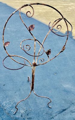 Unique Circle Plant Stand// Holder French Wire Wrought Iron Shabby Chic  -ANTIQUE Not Vintage -Charming! Upright With Leaves Rusty Patina c.1910   
