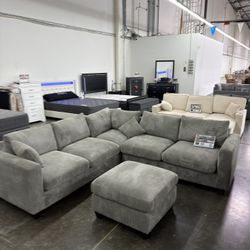 BRAND NEW GREY CORDUROY SECTIONAL SOFA COUCH WITH OTTOMAN