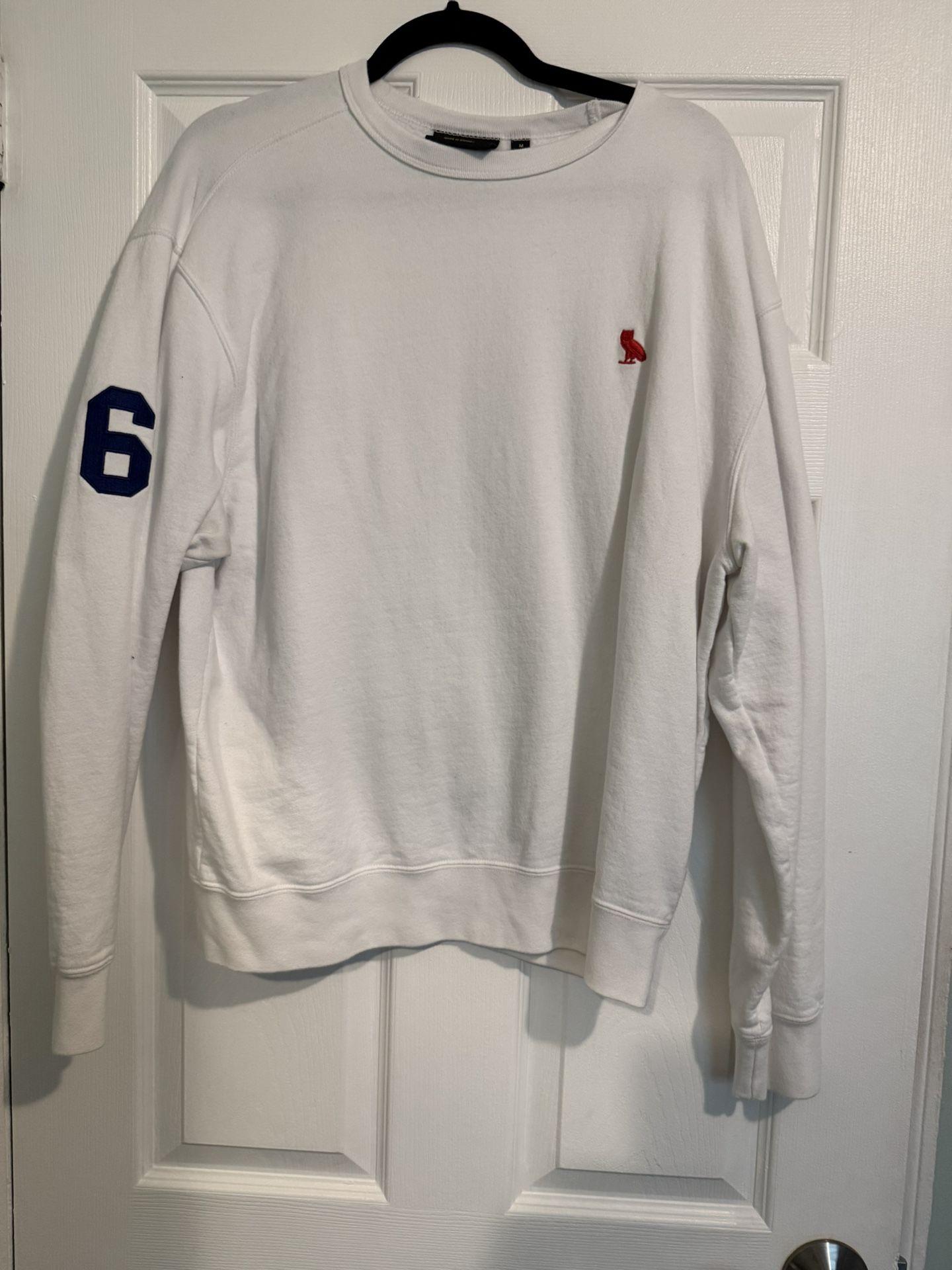 OVO- White Crewneck Sweater with Blue and Red Accents
