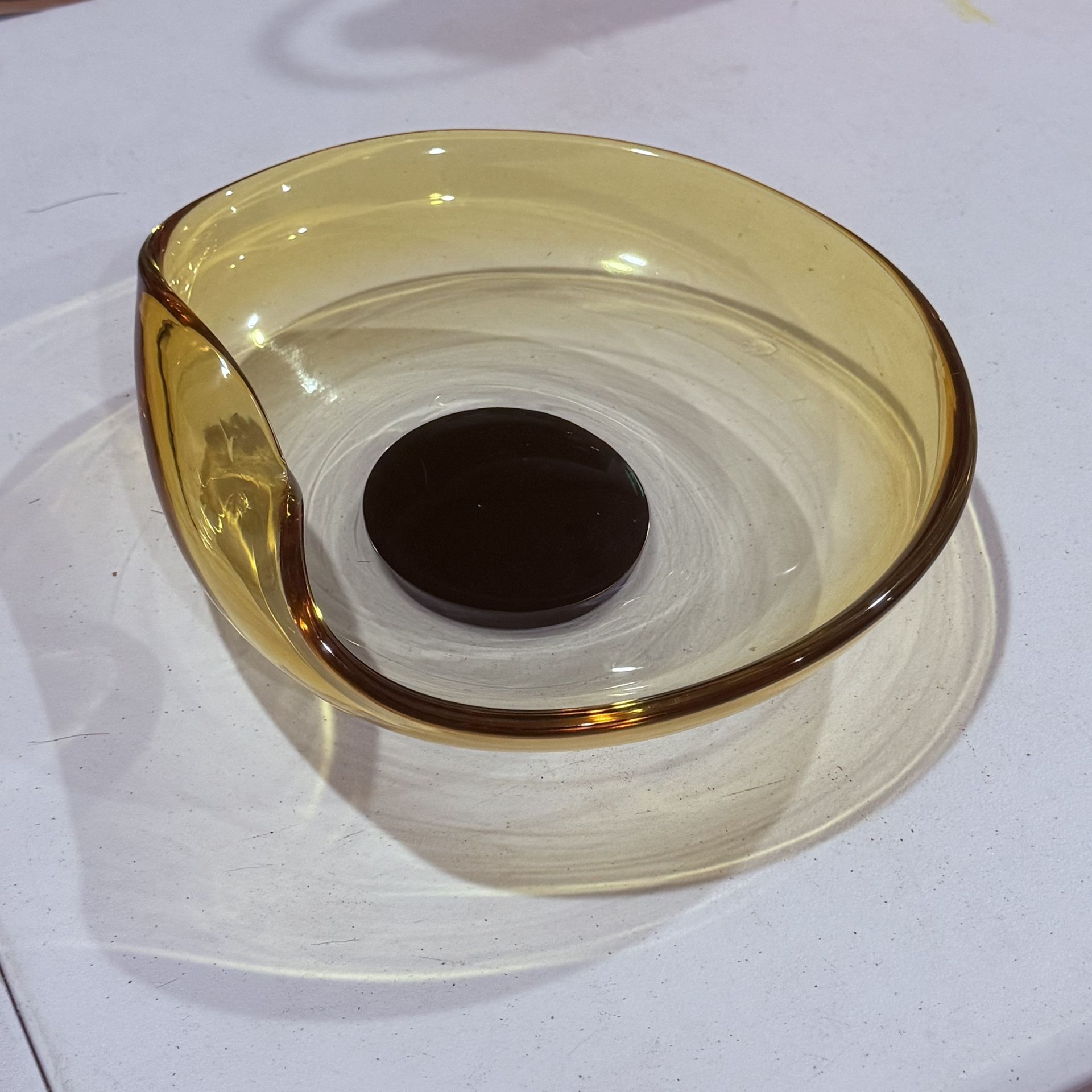 Vintage Amber Art Glass Bowl with Black Base • Asymmetrical Design • 10.5” Wide