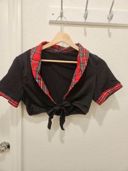 Black Crop Top with Red Tartan Collar