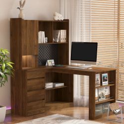 L Shaped Desk,Computer Desk with Drawers,Bookshelf,with LED Light,Modern Corner Desk,Home Office Desk,L-Shaped Study Table Writing Desk,Corner Gaming 