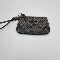 Coach Gray Canvas Logo Black Leather Accent Wristlet Strap Clutch Wallet Vintage