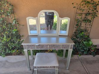 Grey Mirrored Vanity + Stool Set