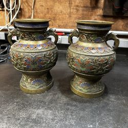 Antique Pair of Japanese Cloisonne and Champleve Brass Vase Urn With Foo Geese