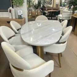  5 pc Contemporary White stone/ Matte Gold Dining Table Set! 