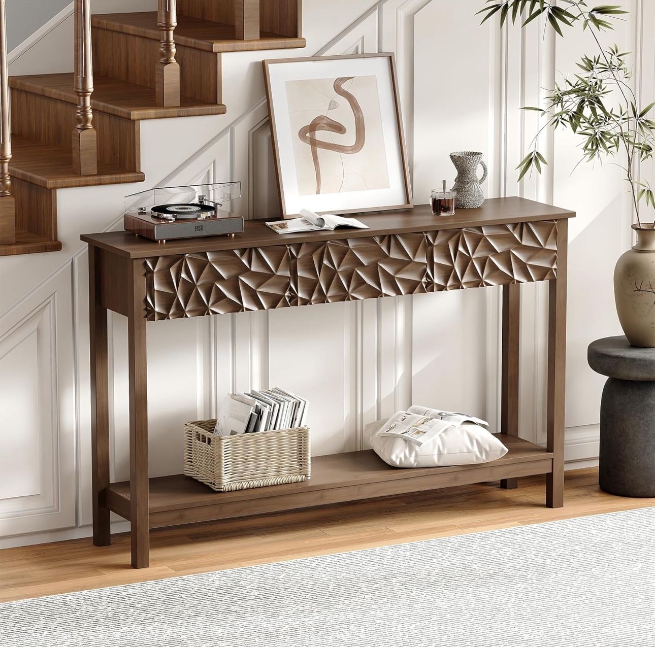 51 Inch Modern Console Table Farmhouse Entryway Table with 3 Drawers Narrow Wood Entry Way Table with Open Storage Shelf Long Sofa Table Behind Couch 