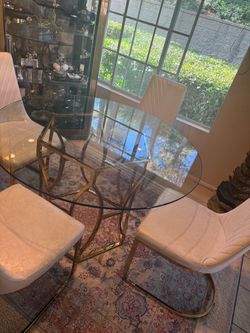Round Glass Dining Table with Gold Base + 4 White Leather Chairs