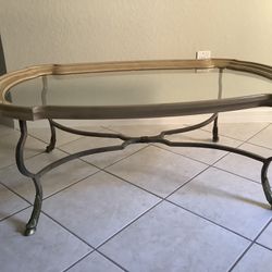 Drexel Antique Glass And  Steel Coffee Table And Matching Side Table