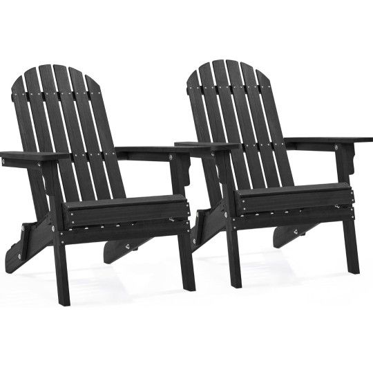 2 Folding Adirondack Chair Solid Wood Garden Chair Fire Pit Lounge Chairs, Black