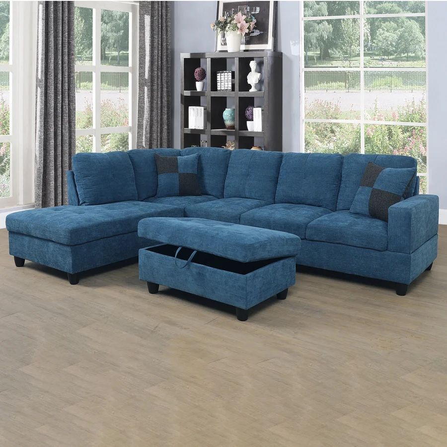 Blue Sectional Couch Set And Ottoman