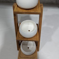 3 Piece Ceramic Succulent Pots with Bamboo Tier Stand