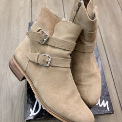 Tan Suede Buckle Ankle Boots – Double Strap Moto Style – Size 9.5 
