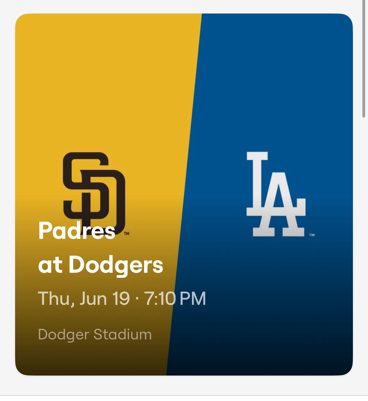2 Tickets Dodgers VS. Padres June 19th