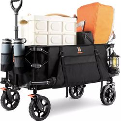Heavy Duty Utility Beach Wagon Cart with Side Pocket and Brakes, Large Capacity Foldable Grocery