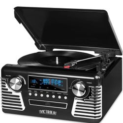 Victrola Haley Retro Bluetooth Record Player & Multimedia Center with Built-in Speakers - 3-Speed Turntable, CD Player, AM/FM Radio, 3.5mm Aux-In, Wir