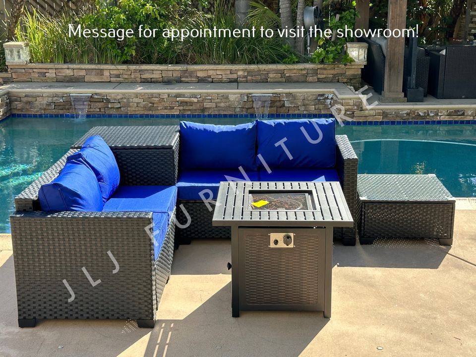NEW🔥Outdoor Patio Furniture Set Black Wicker Royal Blue Cushions with Firepit 30" Storage & Covers ASSEMBLED 