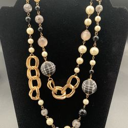 Faux Pearl With Clear, Smoky, And Clothe Covered Beads Necklace
