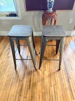 Set of 2 Industrial Modern Metal Bar Stools w/ Wood Seats 28”
