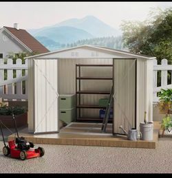 10x8 ft White Outdoor Garden Shed, Aluminum Alloy Frame, Hinged Door, Foundation Included