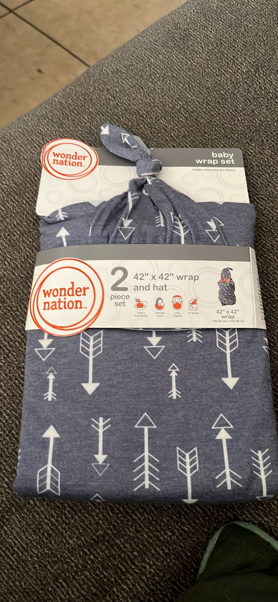 Wonder Nation Baby Boy Swaddle Wrap and Knot Cap Baby Shower Gift Set, 2pc (R-L) Brand New