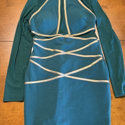 Green And Gold Sheer Sleeve And Back Dress