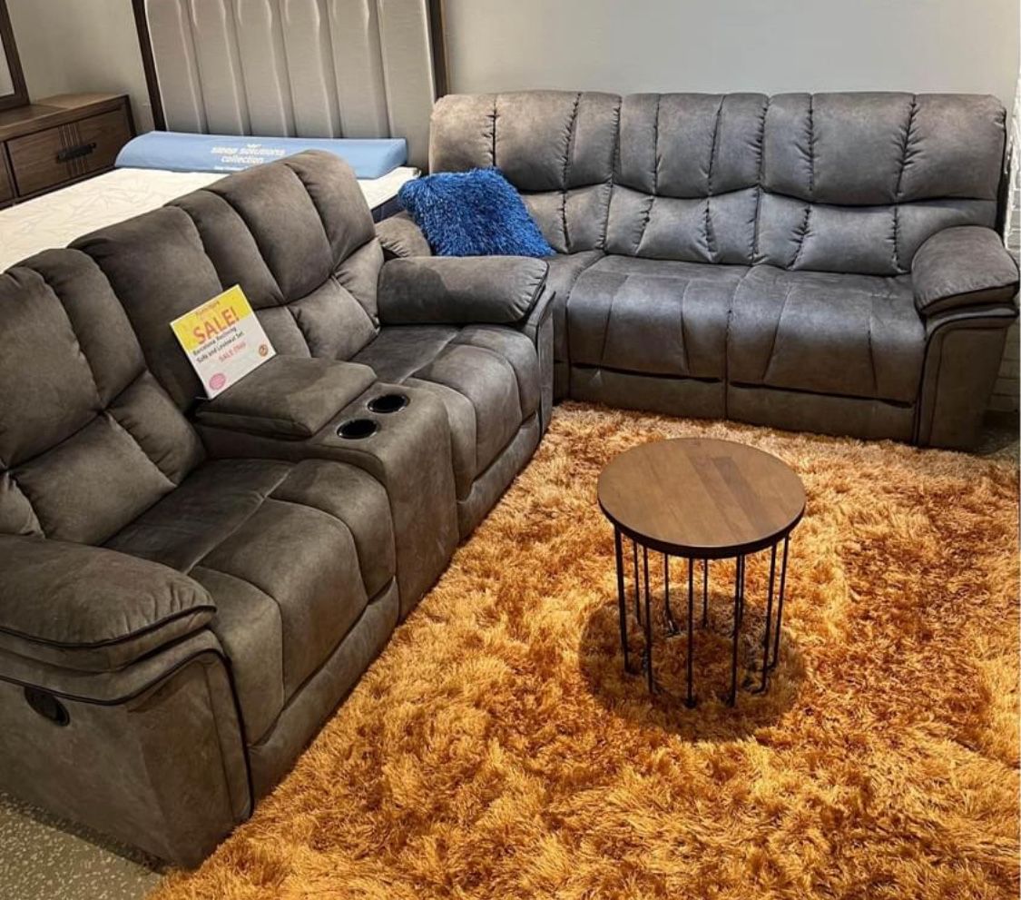 Summer Sale Event. Barcelona, Soft Gray Reclining Sofa And Loveseat Set $1199. Easy finance option. Same-day delivery.