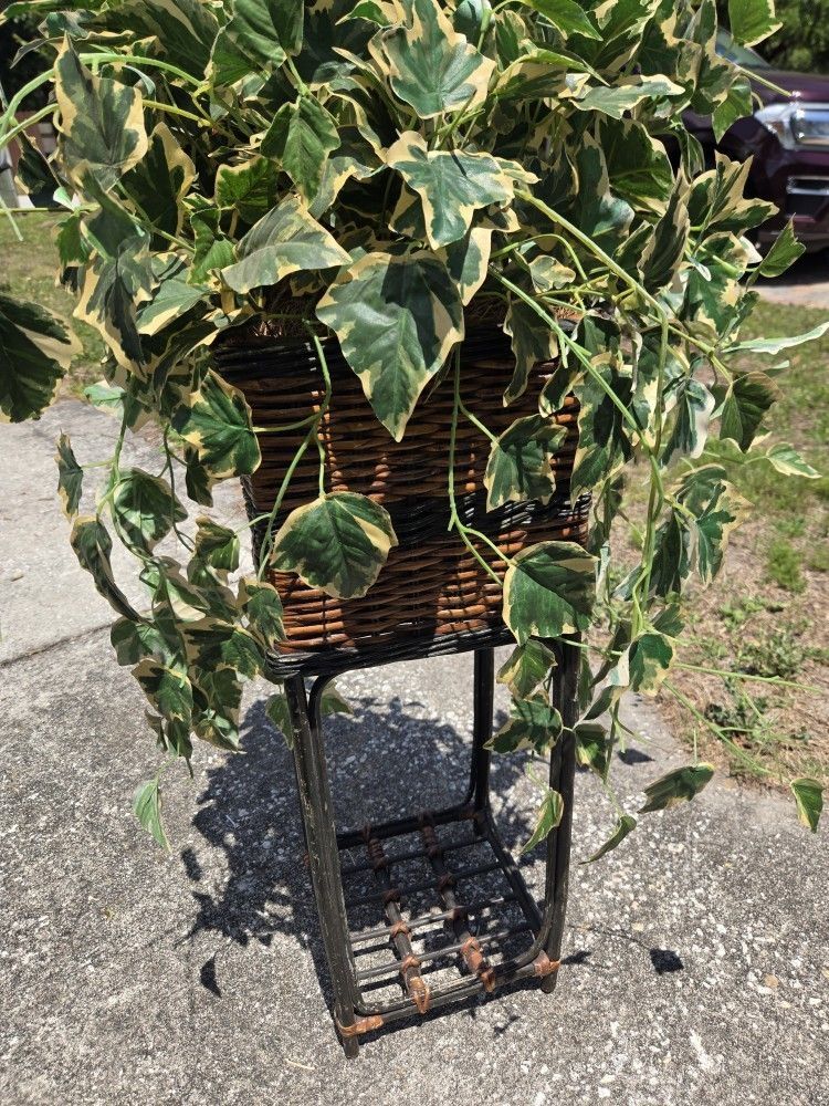 Vintage Wicker Or Rattan Planter With Artificial Plant Greenery