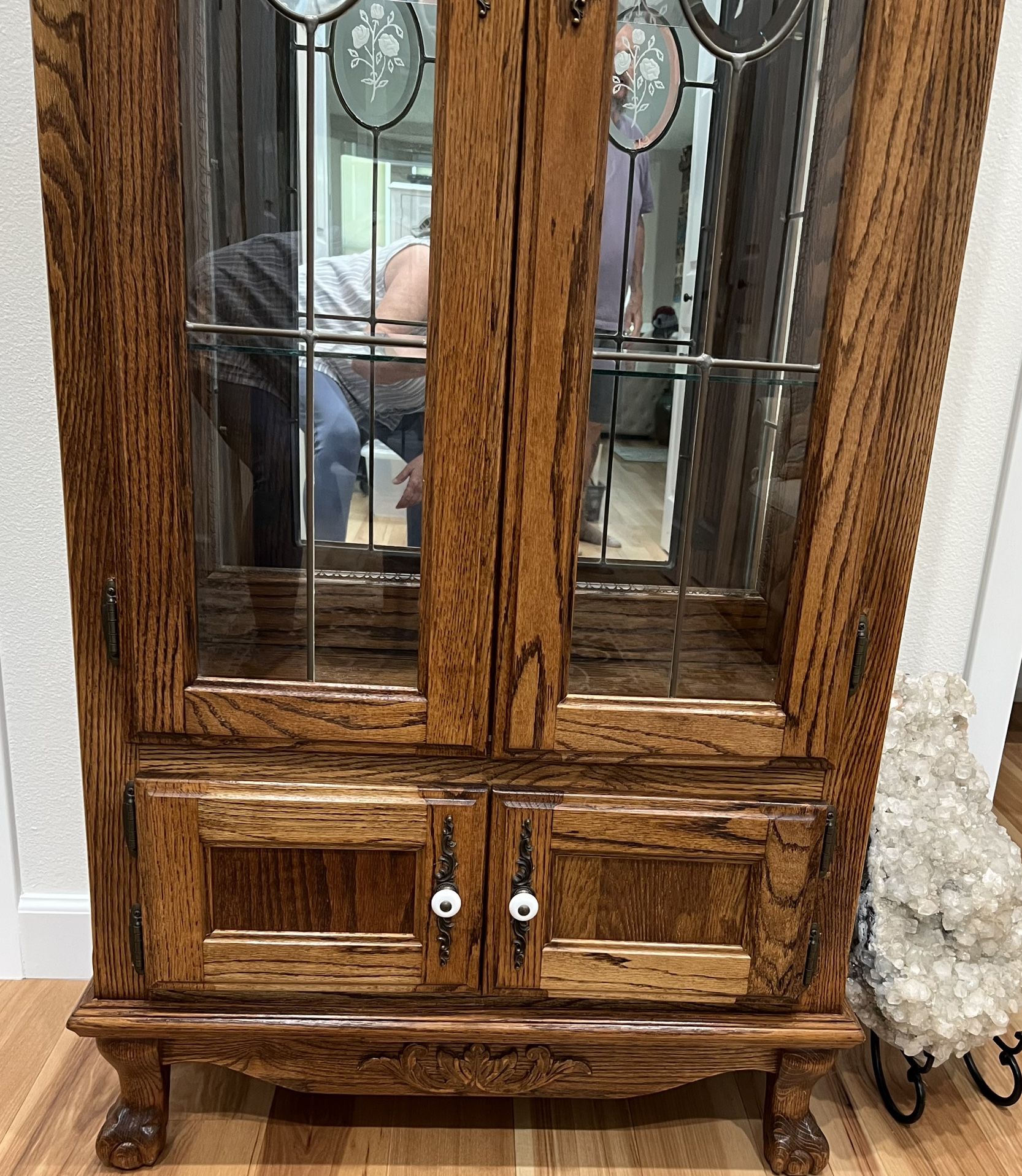Curio Cabinet-Vintage Oak With Leaded Glass