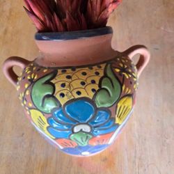 mexican  talavera terracotta cabanito wall planter pot and dried out flowers